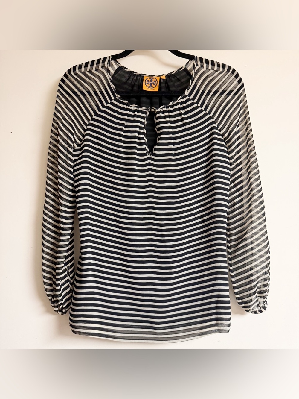 Tory Burch Black and White Striped Keyhole 100% Silk Blouse Size 2